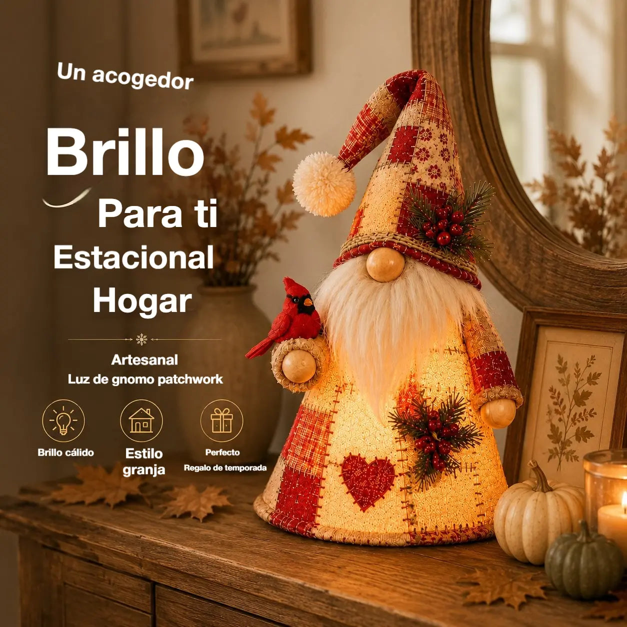 🔥 OFERTA ESPECIAL: 49% DE DESCUENTO – 🐦 Lámpara de gnomo pájaro patchwork | Decoración de mesa con luz cálida y detalles de patchwork estilo rústico para repisas, estantes y regalos