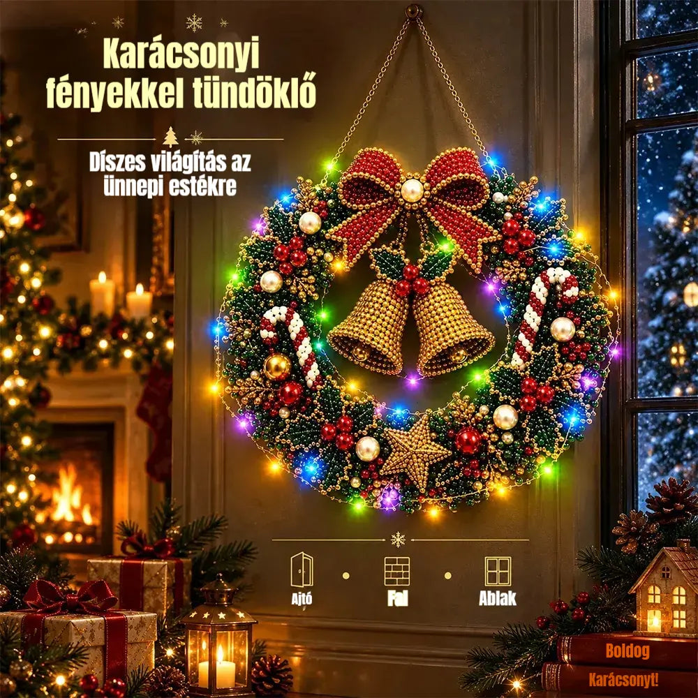 🎄 Karácsonyi koszorú gyémántokkal, gyöngyökkel és LED-lámpákkal! Tartós akrillap · 9 ünnepi dizájn · Tökéletes dekoráció ajtókra, falakra és ablakokra · Lélekkel készült ajándék!