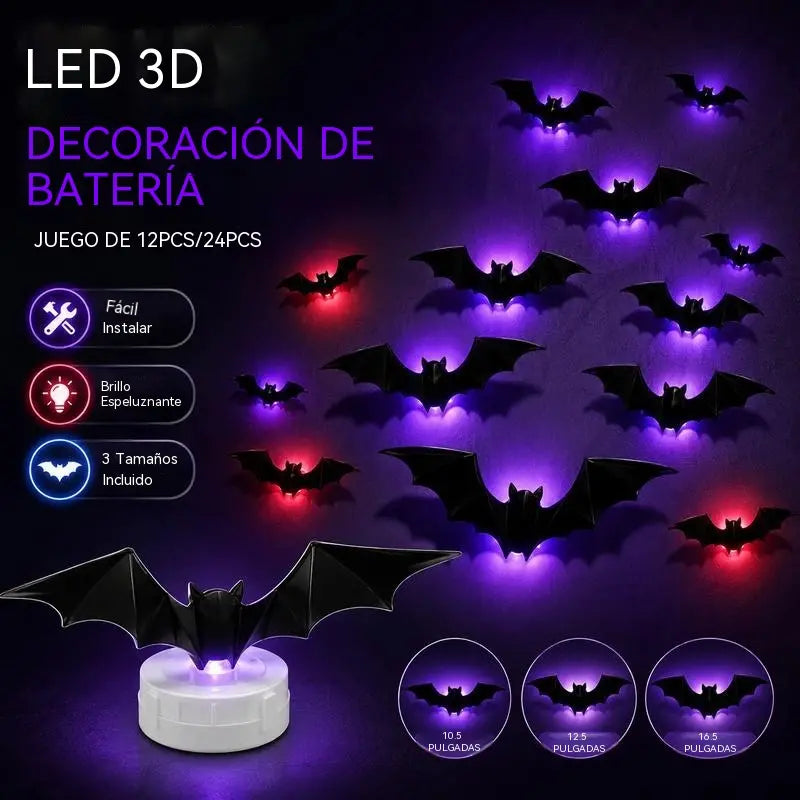 🔥【12 piezas】🦇 Decoración de pared LED con murciélago 3D para Halloween