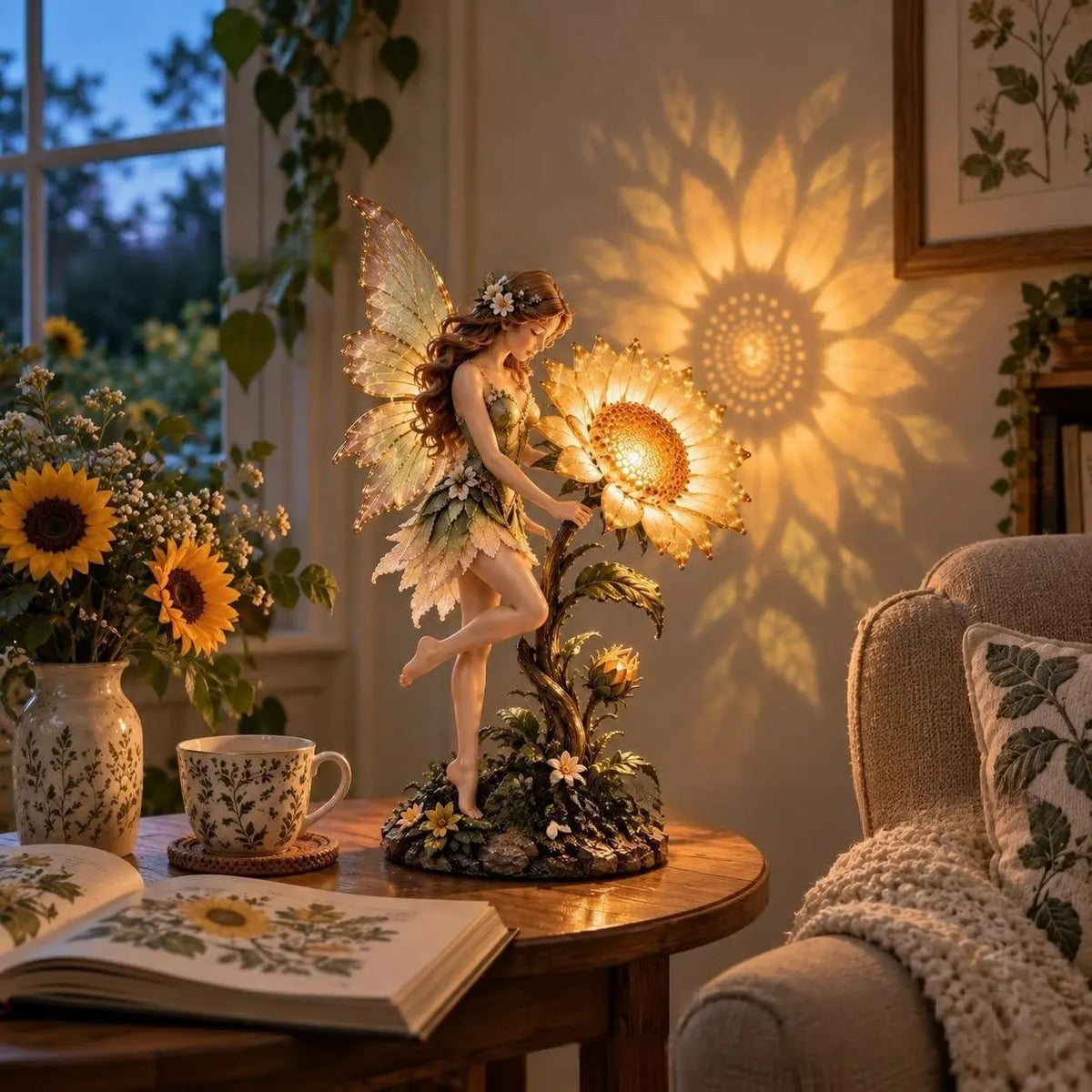 💥 50% de descuento 🌿 Lámpara de mesa con temática de girasoles y hadas ✨ Luz cálida, inspiración natural para la decoración
