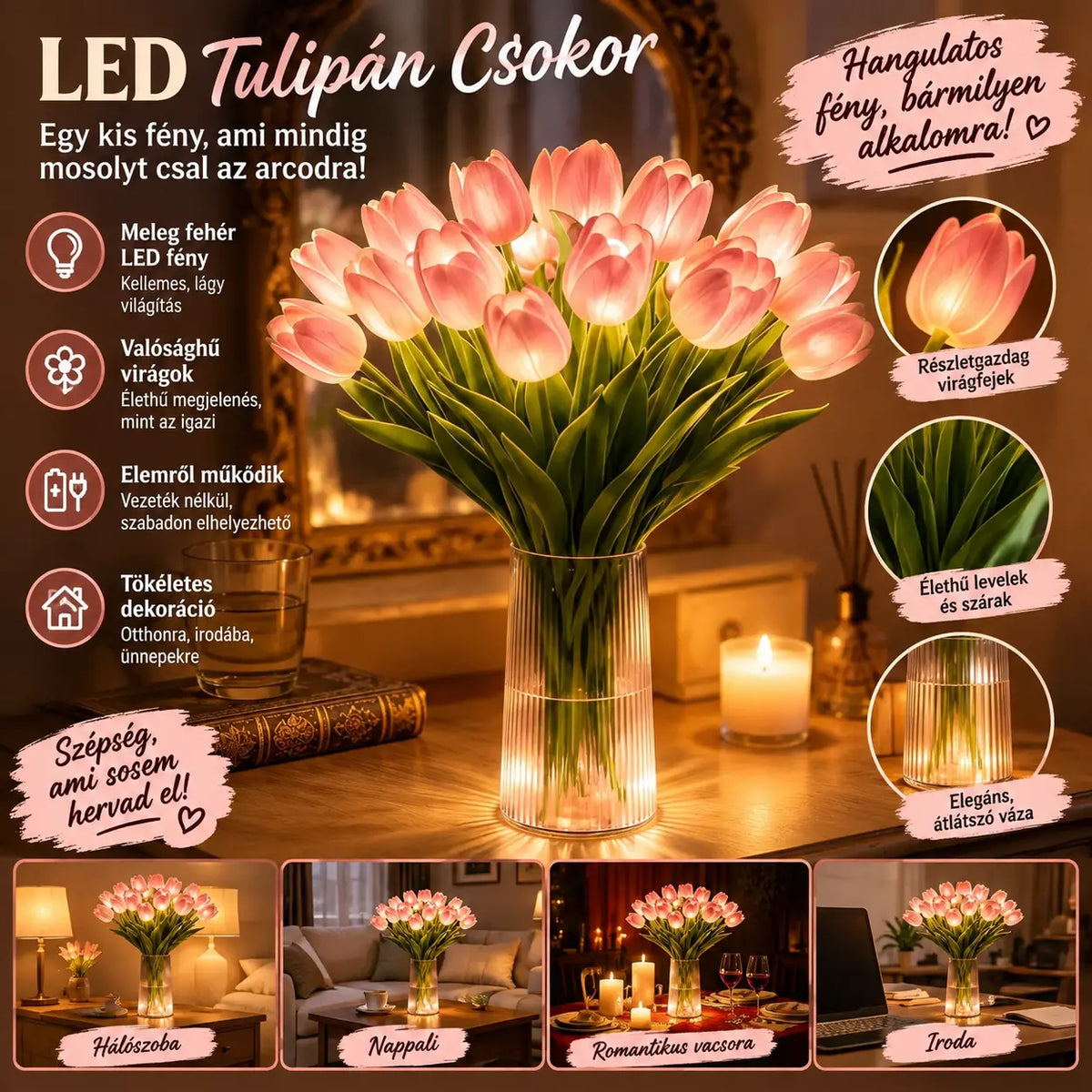 🌷🌷Egy 15 tulipánból álló csokor éjszakai fénynek