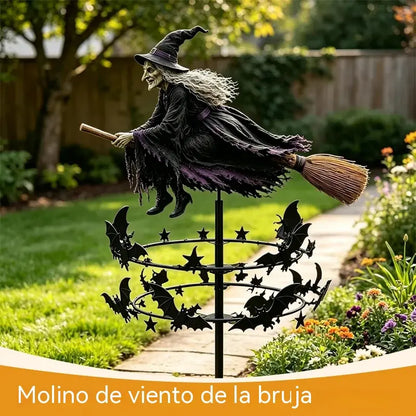 Molino de viento decorativo para jardín, diseño de bruja en escoba con murciélagos y estrellas, adorno dinámico para el patio, decoración de Halloween