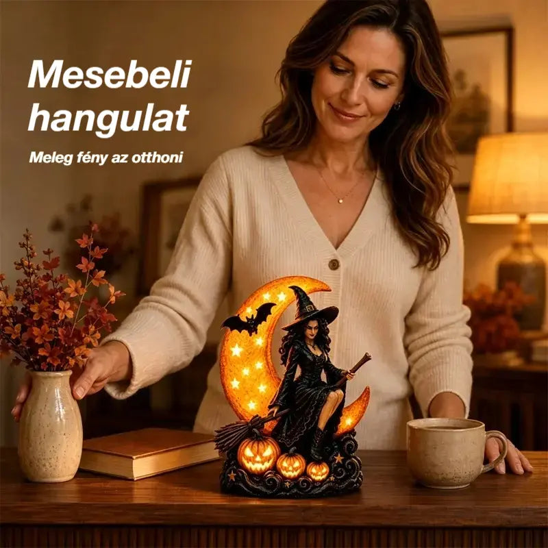 🎃🔮 Boszorkány és teliholdlámpa – Dekoratív gótikus szobor, ideális ajándék 🌙 🎃