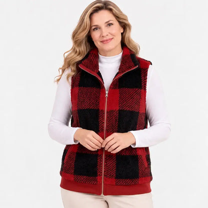 🧥【S-3XL】Női kockás ujjatlan plüss kabát őszi és téli viseletre, vastag plüss anyagból, laza szabású, meleg őszi és téli kabát, állógallérral, cipzáras stílusban🥰