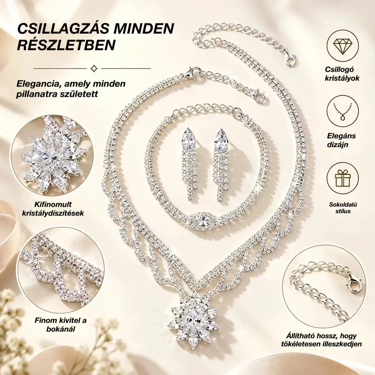 💎✨ Luxus ékszerkészlet nőknek | Nyaklánc, fülbevaló és karkötő szett lótuszvirággal és cirkóniával