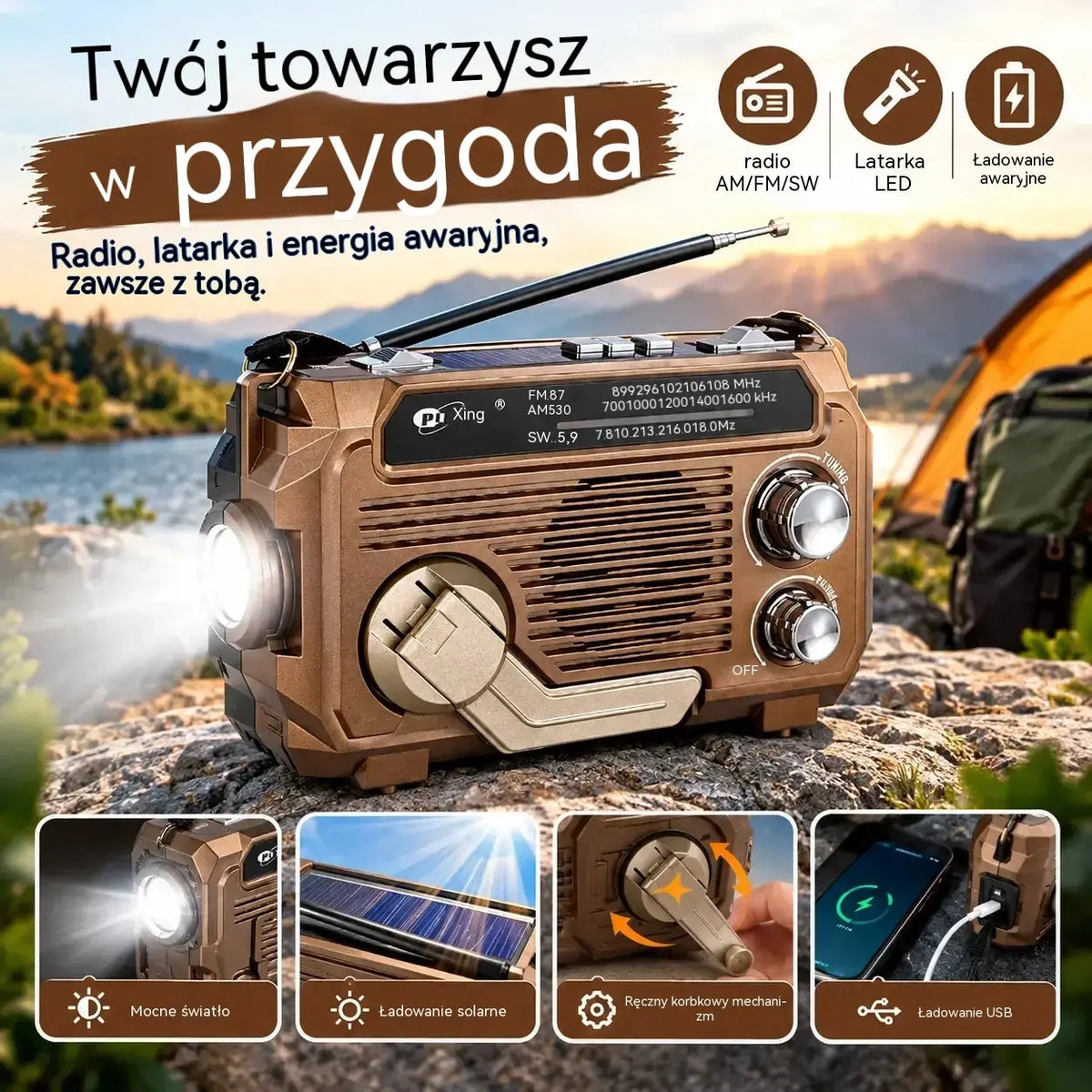 Przenośne radio awaryjne z ręcznym ładowaniem i lampką LED Kolor: