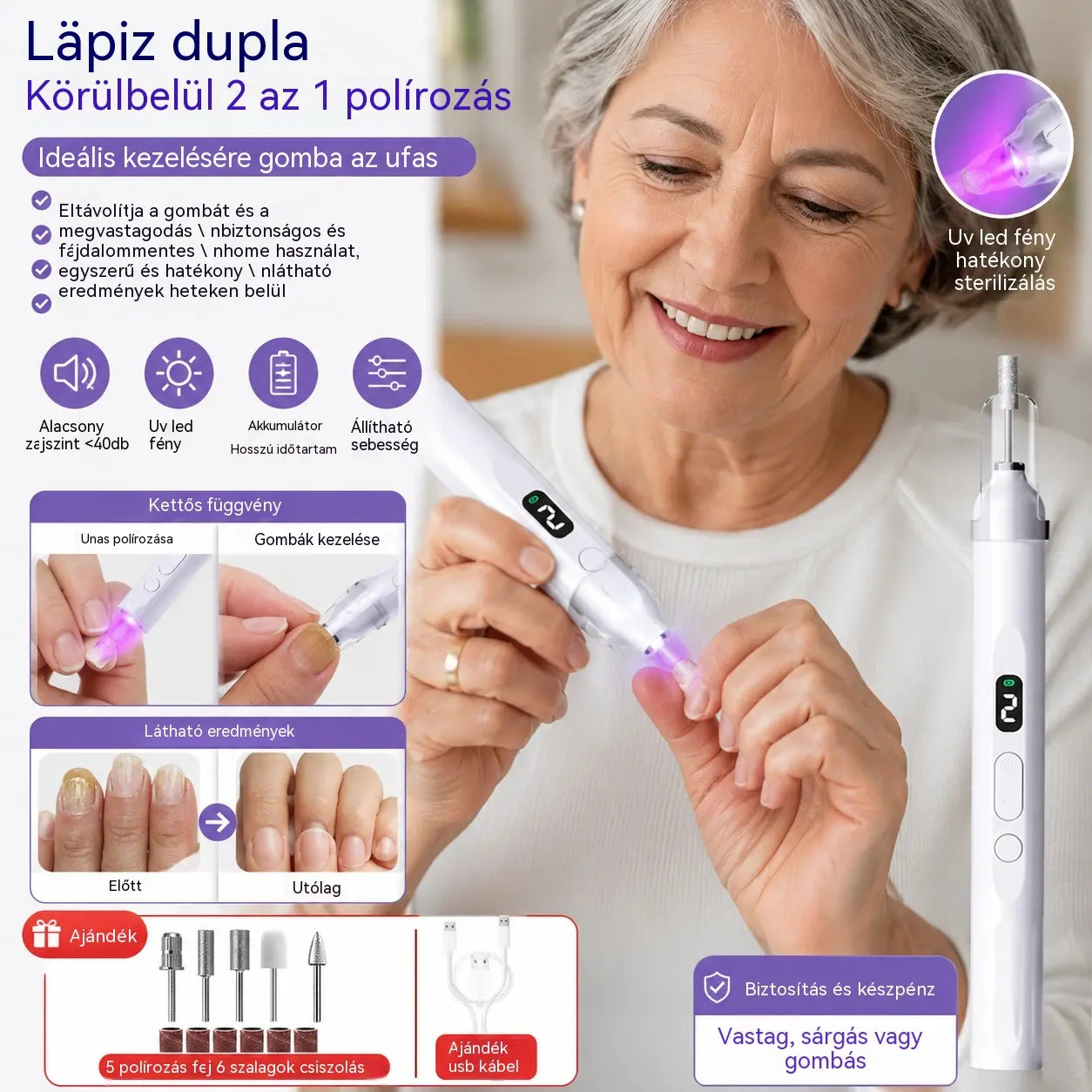 💅2 az 1-ben elektromos körömreszelő LED lámpával (szárító lámpa + 5 polírozófej)