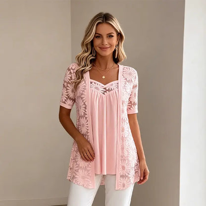 👚 Elegantne bluze s 2-u-1 efektom, čipkom i mrežicom – dizajn za mršavljenje protiv skidanja trbuha, 5 boja, veličine S-4XL! 🌸✨