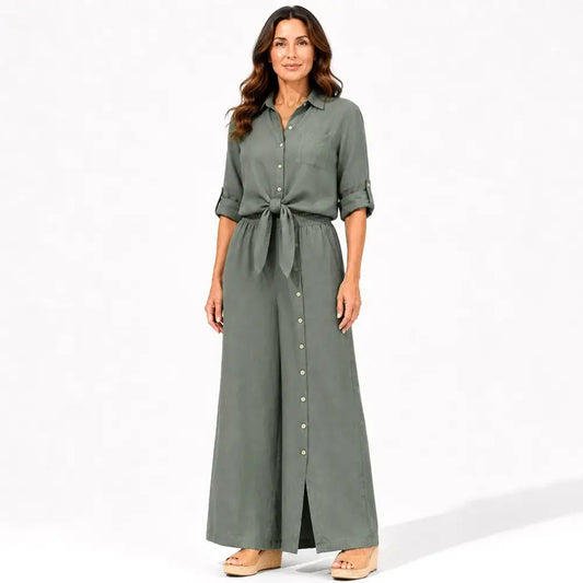 ✨🌸【XS-3XL】Kétrészes szett: aszimmetrikus V-nyakú felső és bő szárú pamut nadrág gombokkal