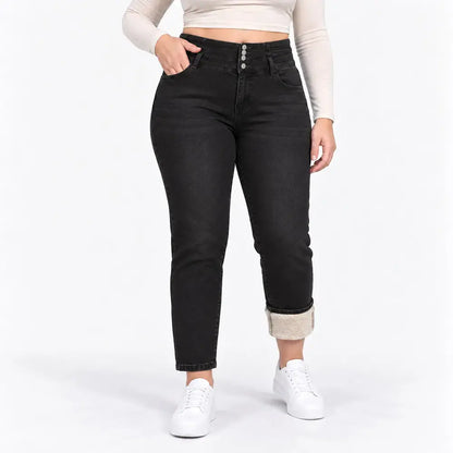 🔥【S-2XL/2 szín】Női polár bélésű, mosott, többgombos, testhezálló farmer