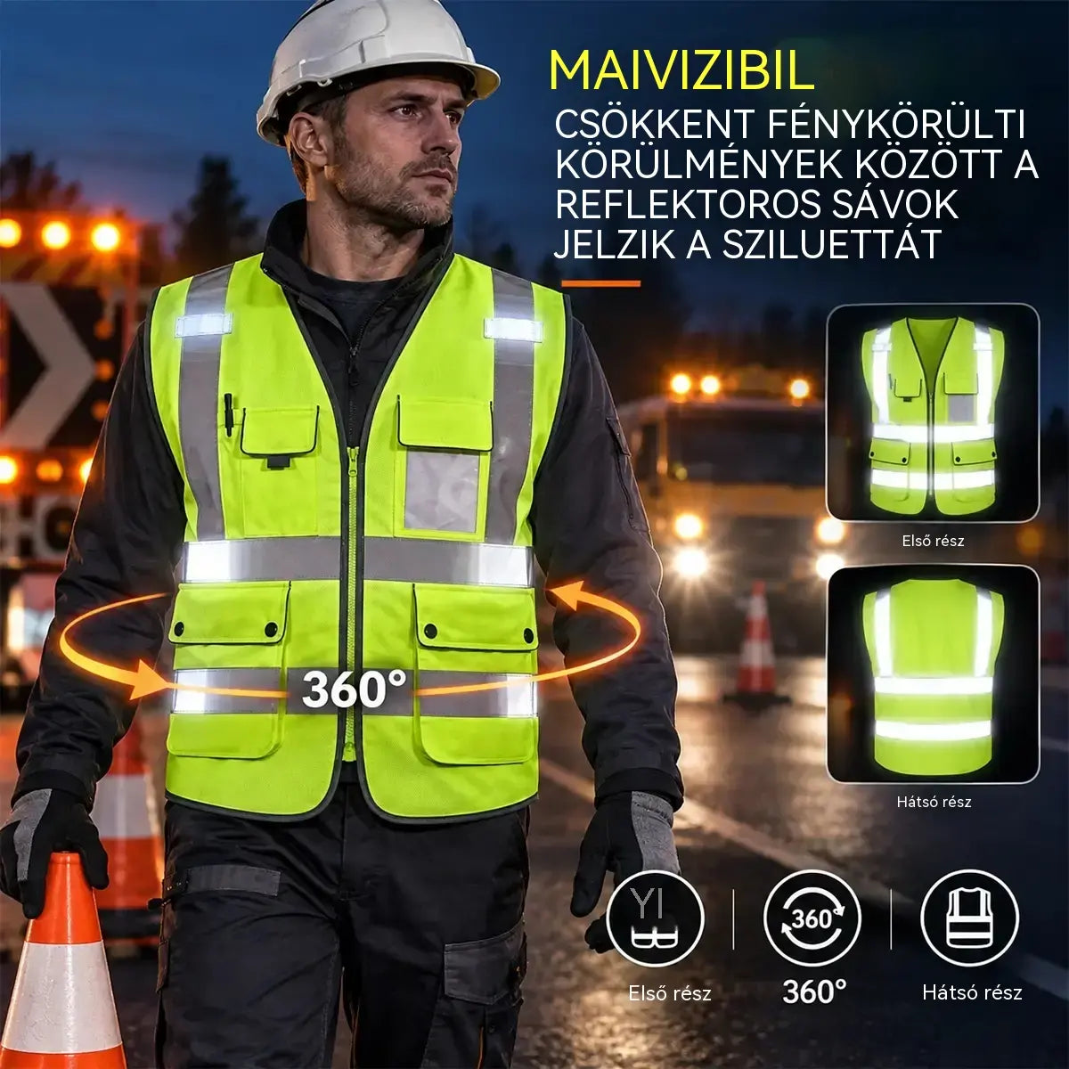 🦺 Többzsebes, fényvisszaverő munkavédelmi mellény – Maximális, 360 fokos láthatóság és praktikusság bármilyen munkakörnyezetben!
