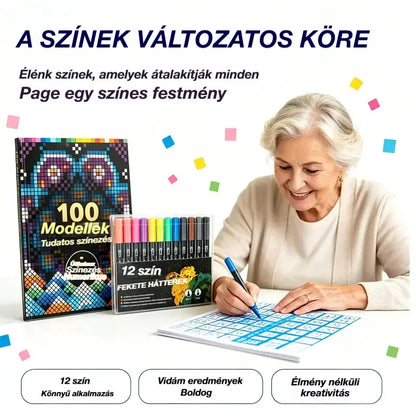 🛍️ Antistressz kifestőkönyv készlet "100 minta tudatos színezéshez" 🎨 Festés számok szerint felnőtteknek és időseknek | 100 minta (virágok, mandalák) + filctollkészlet mellékelve, agytorna és relaxáció