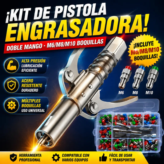 🔥【Juego de pistola de engrase de doble empuñadura】🧰 Boquillas M6/M8/M10 – Herramienta de lubricación profesional
