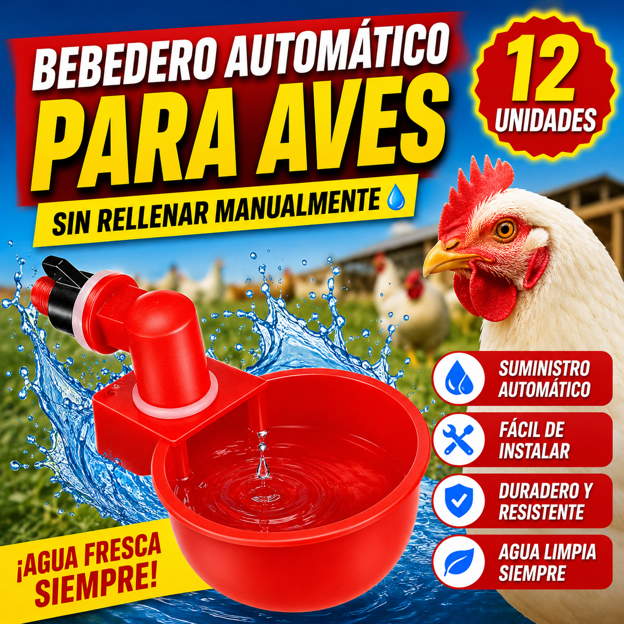 🔥【30% OFF】🔥【12 piezas】🐓Bol de agua automático para aves de corral, sin necesidad de alimentación manual