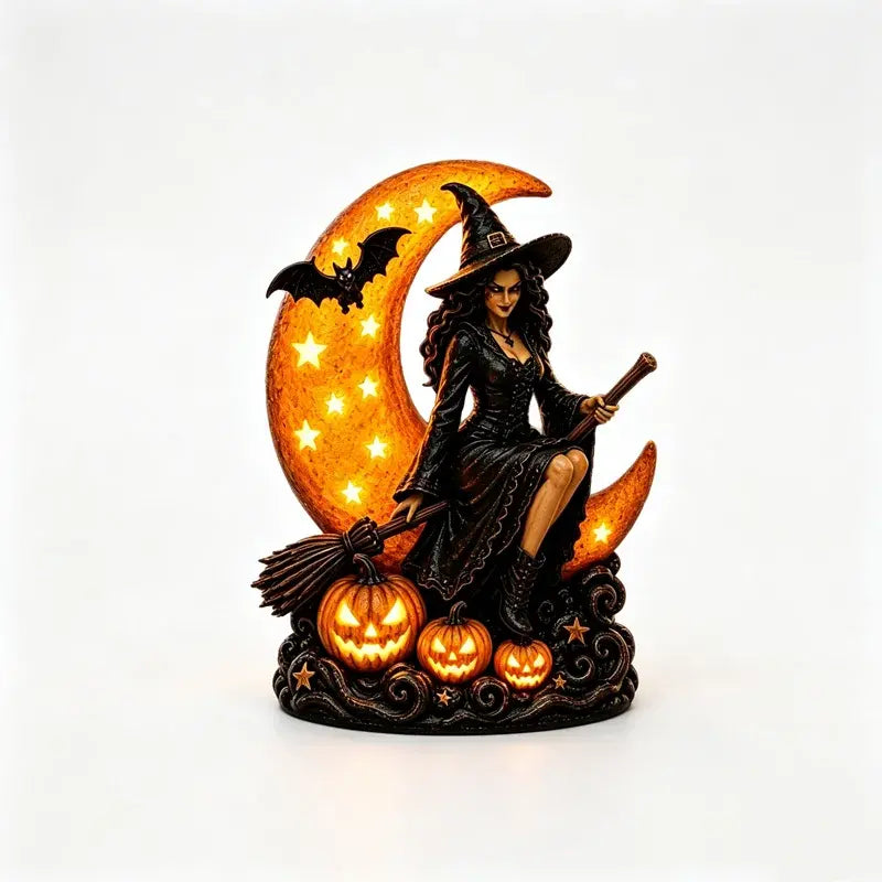 🎃🔮 Boszorkány és teliholdlámpa – Dekoratív gótikus szobor, ideális ajándék 🌙 🎃