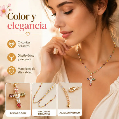Oferta: Collar con cruz de circonitas de colores. Incluye un precioso joyero.