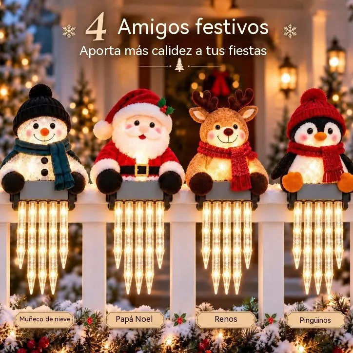 ☃️🎁 Decoración luminosa de muñeco de nieve para barandilla con carámbanos colgantes – Decoración navideña para el porche🎄