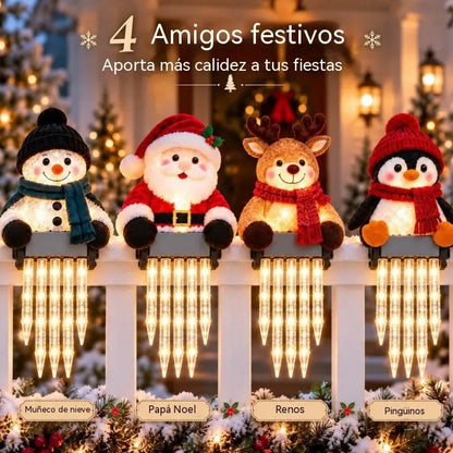 ☃️🎁 Decoración luminosa de muñeco de nieve para barandilla con carámbanos colgantes – Decoración navideña para el porche🎄