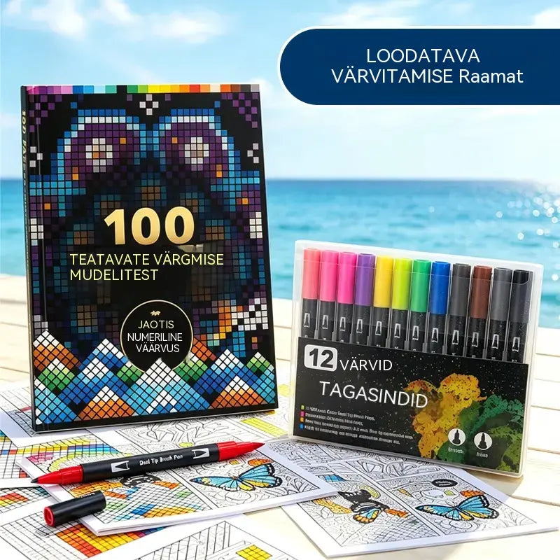 🛍️ Stressivastane värviraamatu komplekt "100 mustrit teadvelolekuks" 🎨 Maali numbrite järgi täiskasvanutele ja eakatele | 100 mustrit (lilled, mandalad) + markerikomplekt kaasas, aju treenimine ja lõõgastus