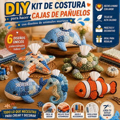 🐢🐋Kit de costura DIY para hacer una caja de servilletas de tela con motivos de animales marinos🌊✨