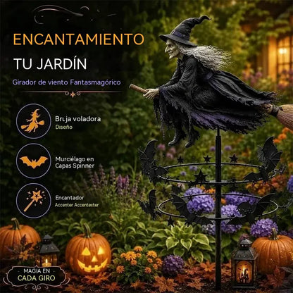 Molino de viento decorativo para jardín, diseño de bruja en escoba con murciélagos y estrellas, adorno dinámico para el patio, decoración de Halloween