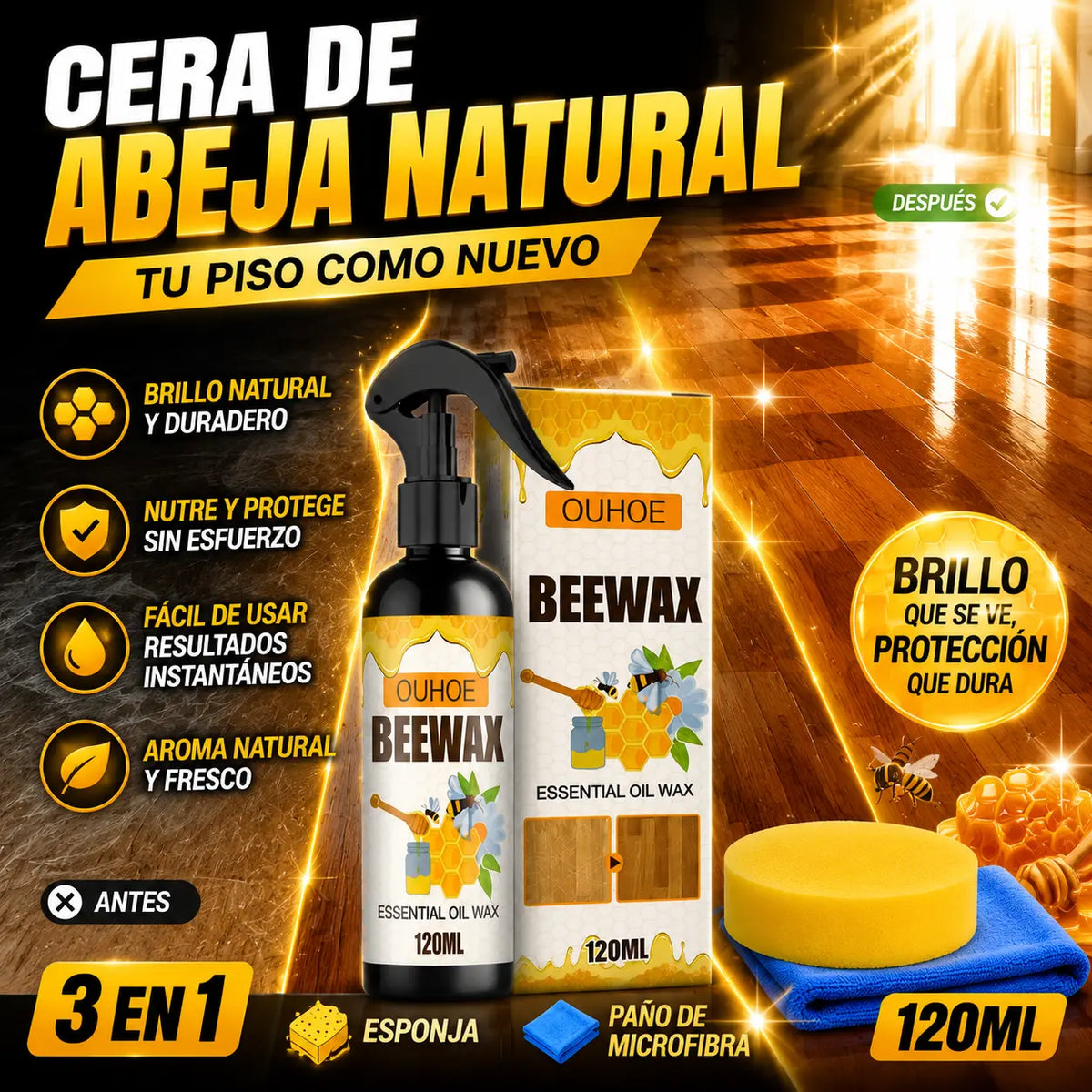 🔥【30% OFF】🔥【120 ml + esponja + paño】Spray de cera de abeja natural micromolecular para el cuidado de muebles, mantenimiento y pulido de suelos.