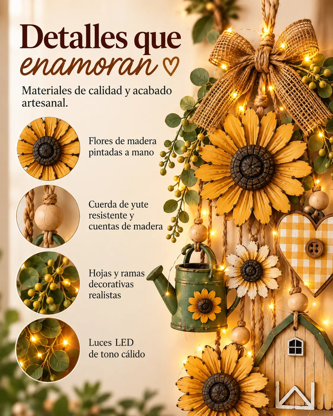 🌻Adorno colgante rústico de madera con temática de jardín y luces de hadas con control remoto