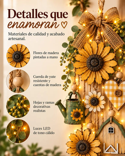 🌻Adorno colgante rústico de madera con temática de jardín y luces de hadas con control remoto