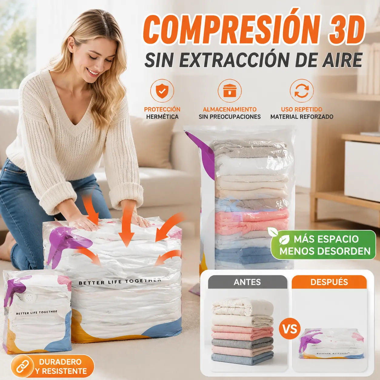 🧳【Juego de 5 piezas 28 euros】💨 Bolsa de almacenamiento al vacío grande y compresible: no requiere bomba, es a prueba de fugas e ideal para ahorrar espacio en maletas y en casa ✈️