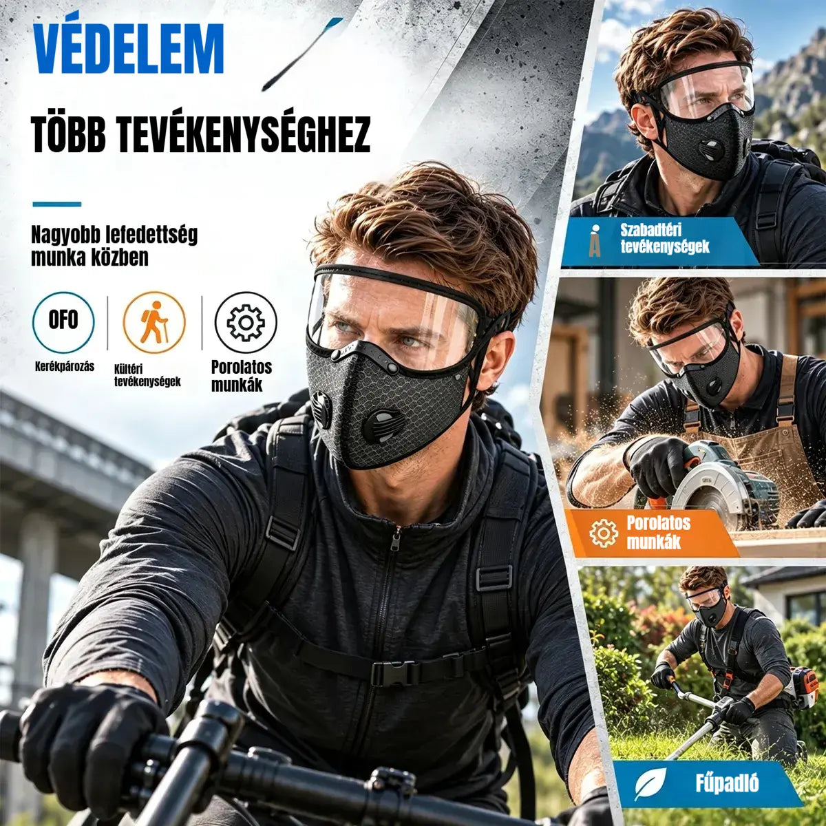 🧣【Vegyél egyet, kapj egyet ingyen!】🚴 Sportos termomaszk levehető HD arcvédővel – Védelem hideg, por és szél ellen kerékpározáshoz, fűnyíráshoz és poros környezethez 🛡️