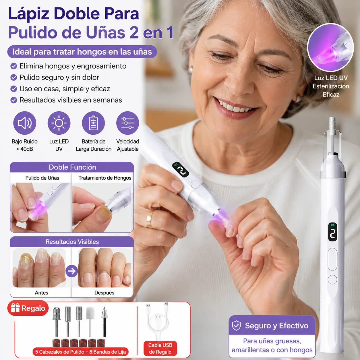 💅Lima de uñas eléctrica 2 en 1 con lámpara LED (lámpara de secado + 5 cabezales de pulido)