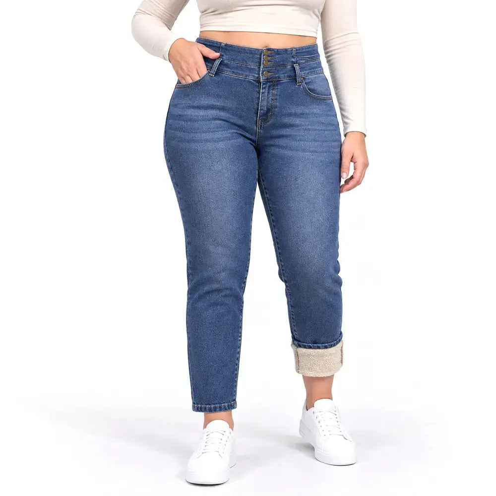 🔥【S-2XL/2 szín】Női polár bélésű, mosott, többgombos, testhezálló farmer
