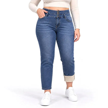 🔥【S-2XL/2 szín】Női polár bélésű, mosott, többgombos, testhezálló farmer