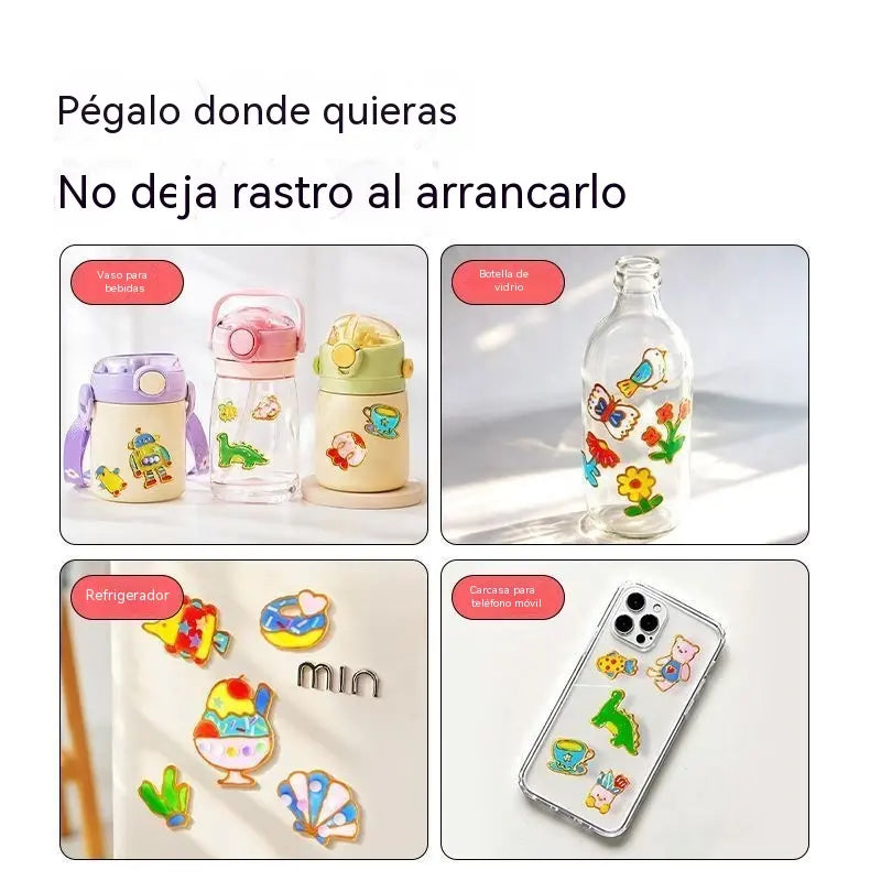 🌈 ¡Crea tus propias pegatinas de gelatina! 🎨 Kit de arte DIY para pintar, despegar y pegar para niños ✨ 4 temas divertidos + Set completo de manualidades 🎁