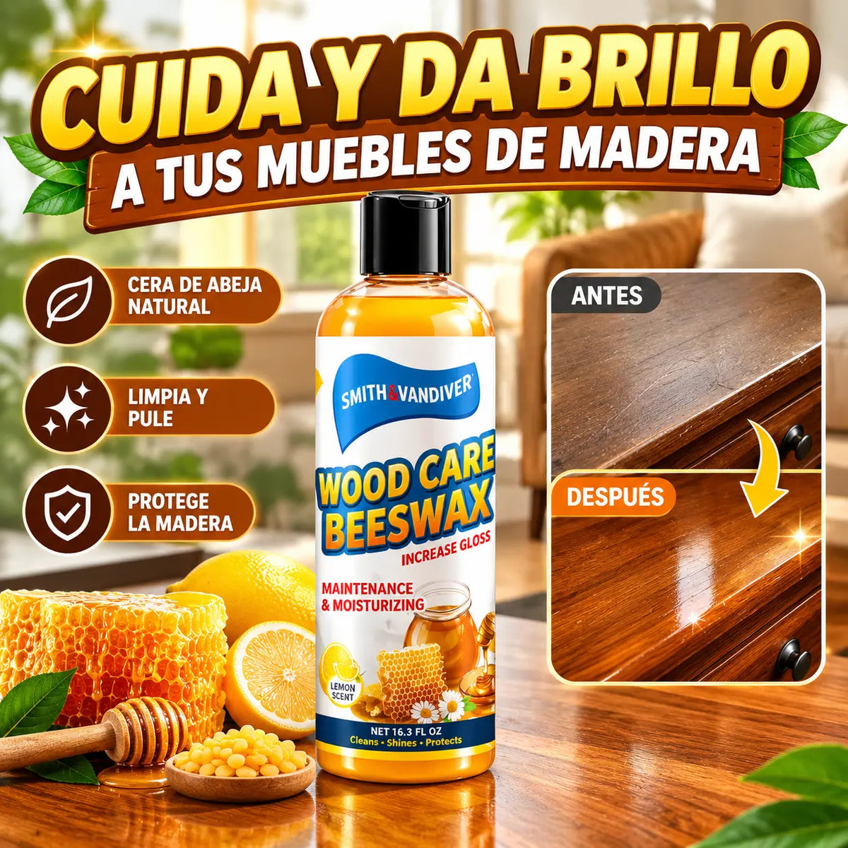 🌿✨ Bálsamo natural de cera de abeja para el cuidado de la madera: limpia, pule y protege los muebles de madera