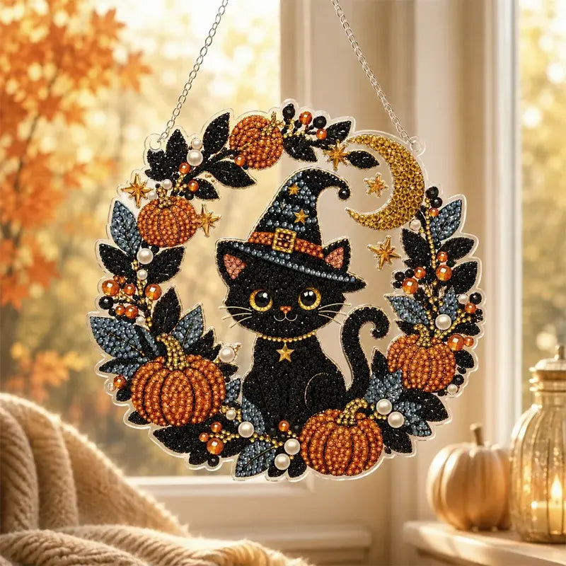 🍁🎃Halloweenská dekorace na okno - diamantový obraz, 4 veselé vzory, velikost 25×25 cm