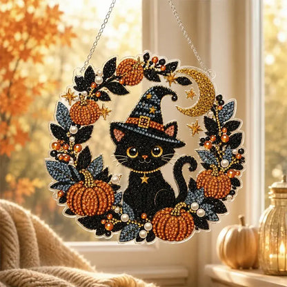 🍁🎃Halloweenská dekorace na okno - diamantový obraz, 4 veselé vzory, velikost 25×25 cm