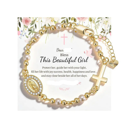 ✝️ Pulsera con cruz y piedra natal chapada en oro de 18 quilates ----- Pulsera con cruz y cuentas