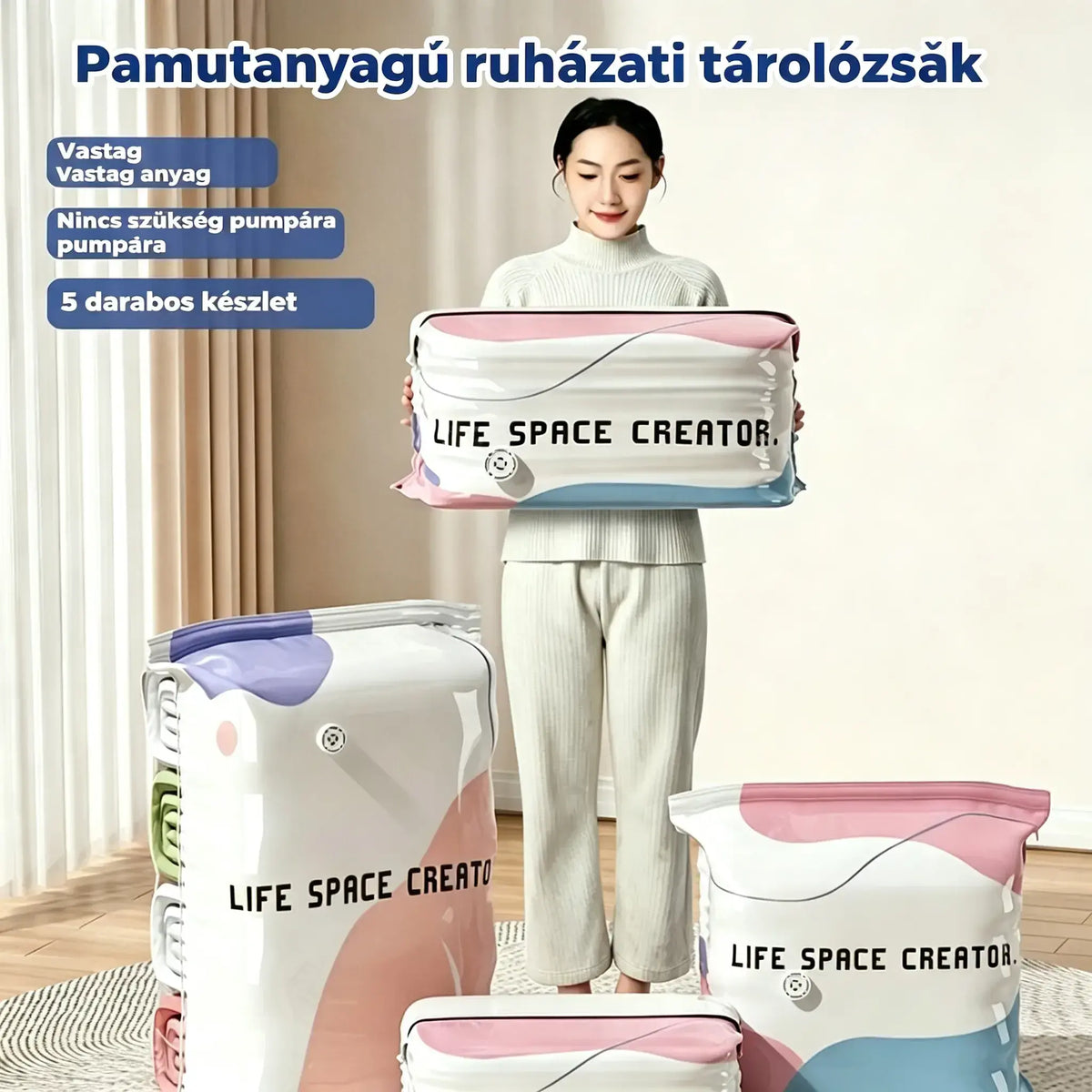 👕📦 [5 részes készlet mindössze 9 300 Ft-ért] Kompressziós ruhatároló zsákok; nem igényel porszívózást, megerősített kialakítás.