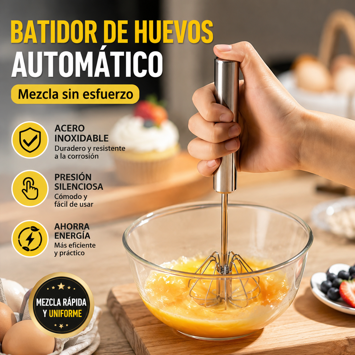 25€【 Conjunto de 2 piezas】Batidor de huevos semiautomático de acero inoxidable