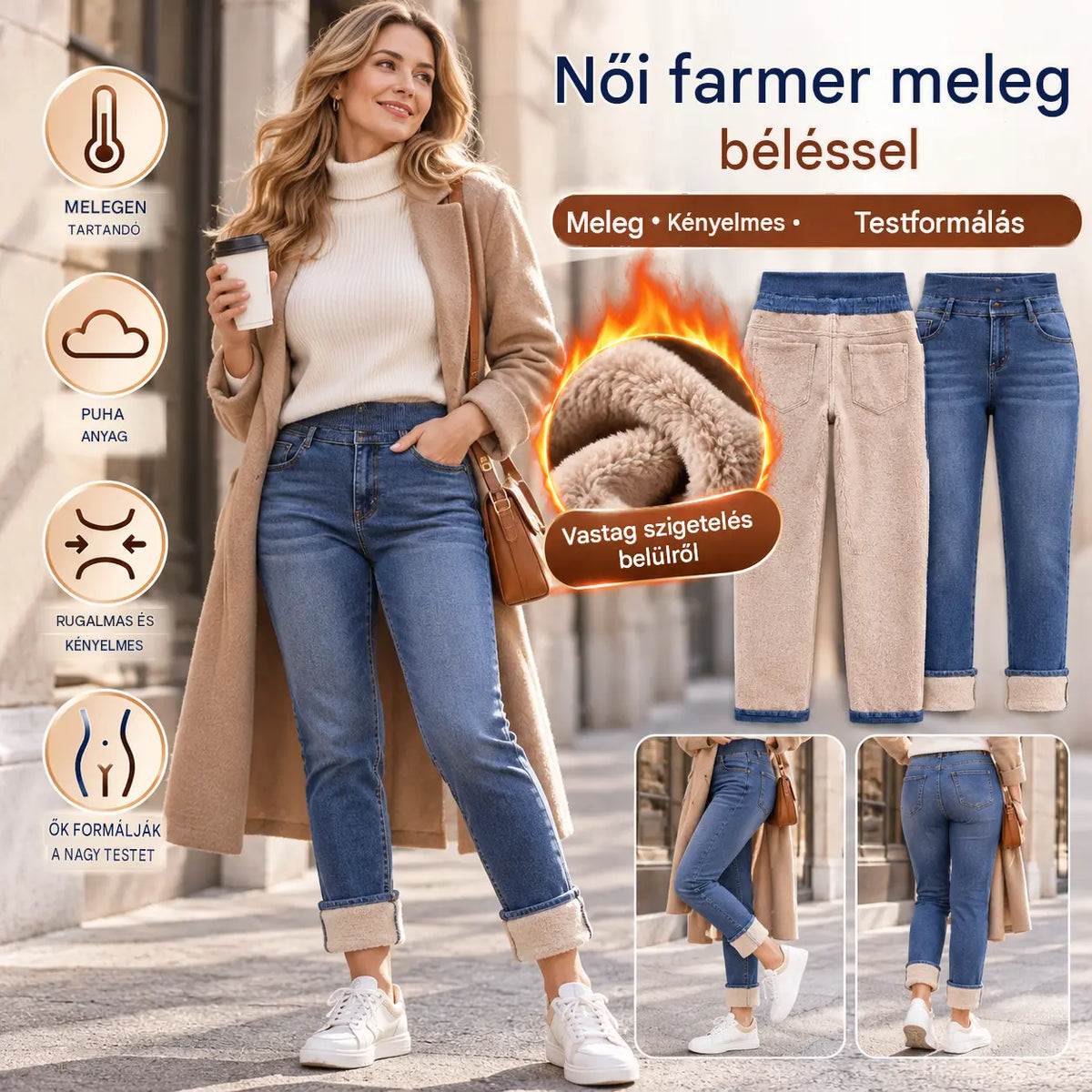 🔥【S-2XL/2 szín】Női polár bélésű, mosott, többgombos, testhezálló farmer