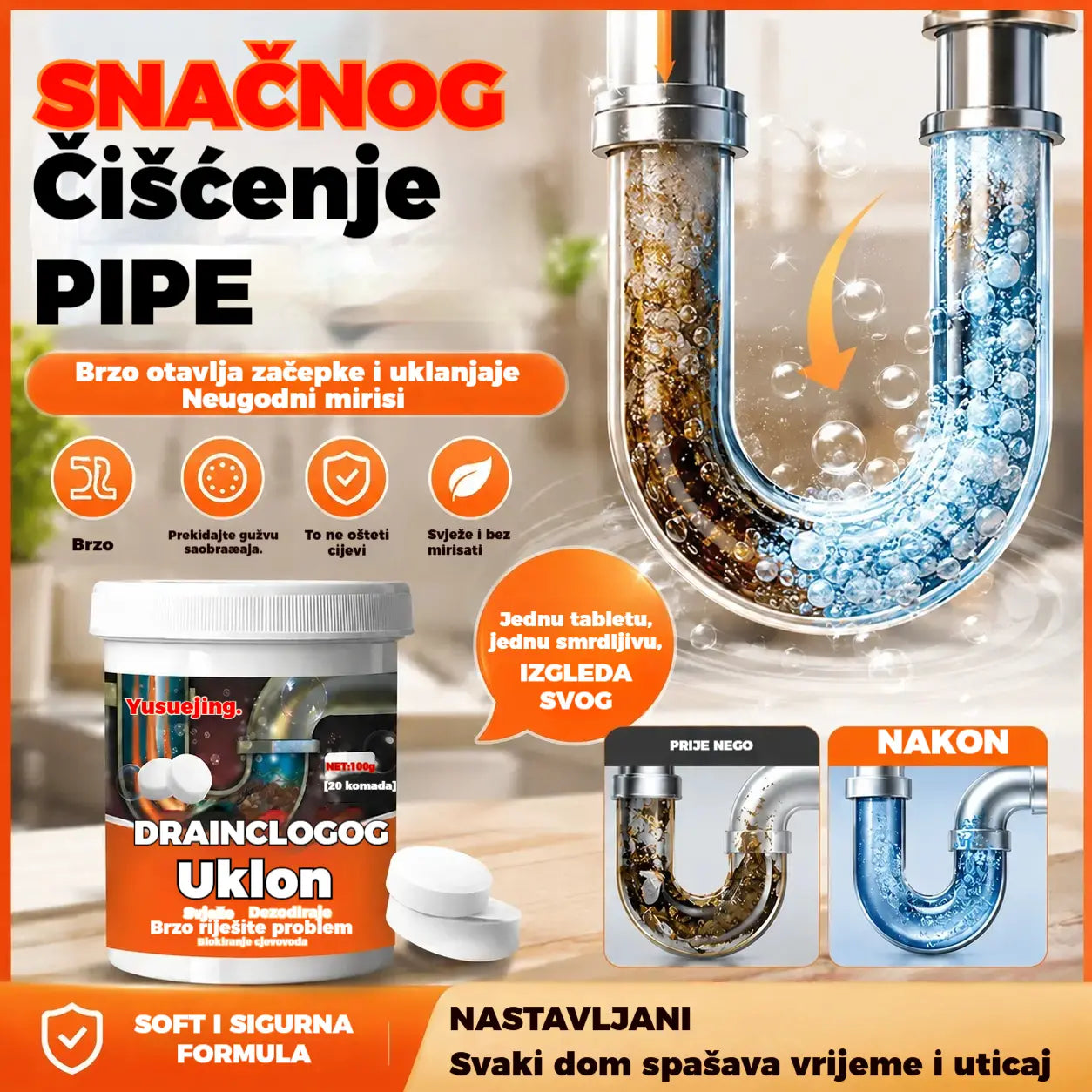 🔥50% POPUSTA 【2 za 23 eura】❤️ Snažne šumeće tablete za čišćenje koje brzo otapaju začepljenja uzrokovana masnom kosom, odčepljuju odvode; također su dezodorirajuće i antibakterijske.