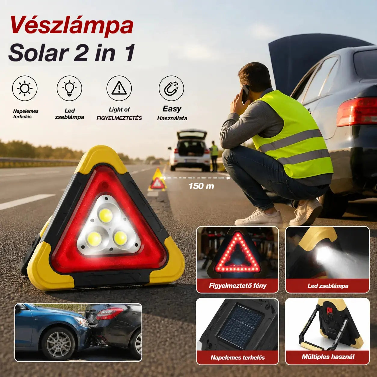 🚗Három az egyben napelemes háromszög alakú vészjelző lámpa