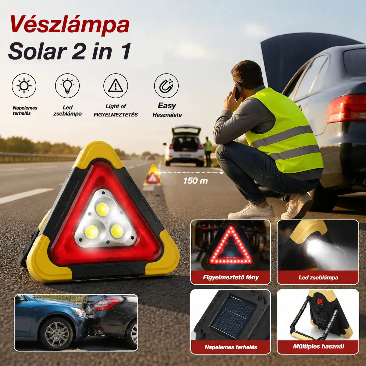 🚗Három az egyben napelemes háromszög alakú vészjelző lámpa