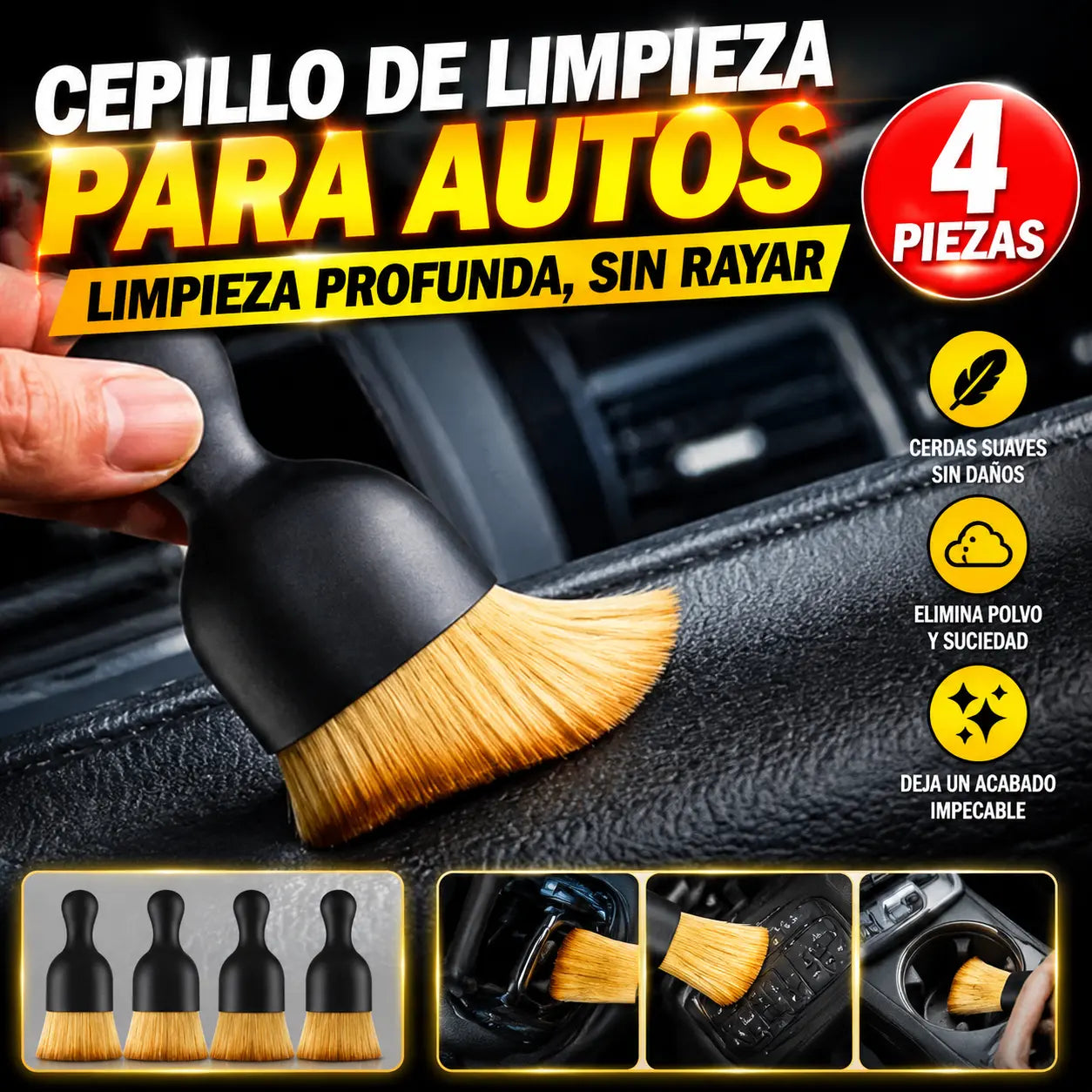 🔥【Paquete de 4】🚗Cepillos de limpieza para coches, herramienta mágica para eliminar el polvo del interior, limpia fácilmente el polvo de las grietas.