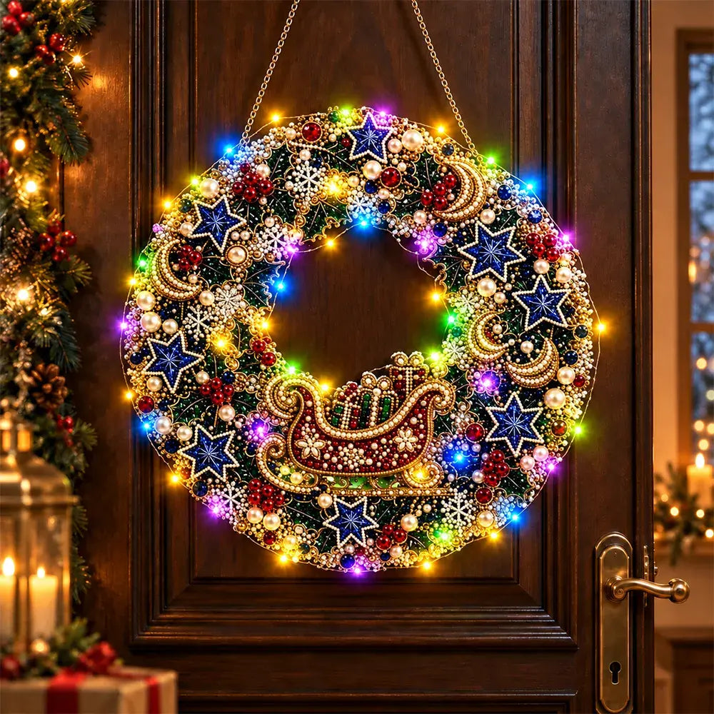 🎄 Karácsonyi koszorú gyémántokkal, gyöngyökkel és LED-lámpákkal! Tartós akrillap · 9 ünnepi dizájn · Tökéletes dekoráció ajtókra, falakra és ablakokra · Lélekkel készült ajándék!