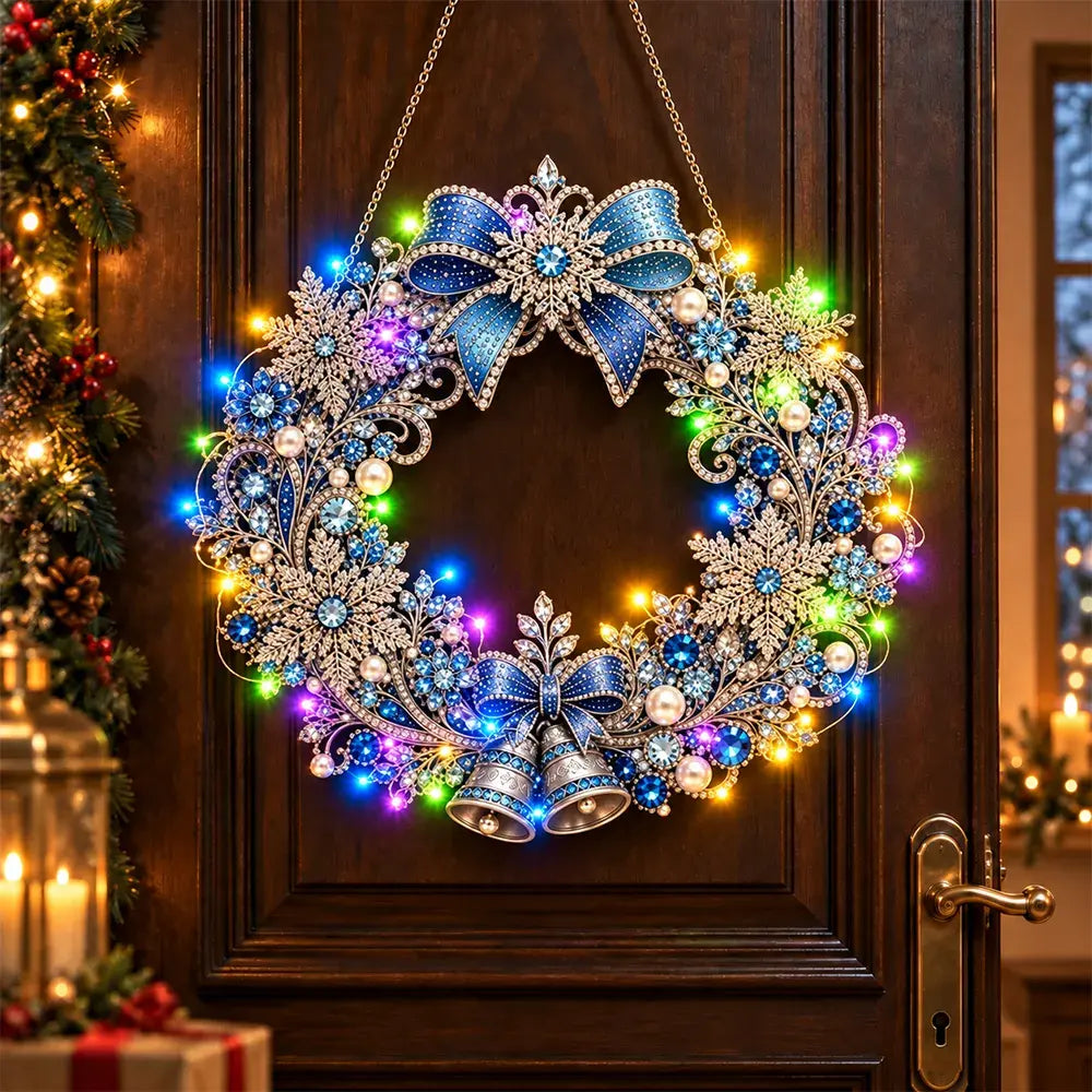 🎄 Karácsonyi koszorú gyémántokkal, gyöngyökkel és LED-lámpákkal! Tartós akrillap · 9 ünnepi dizájn · Tökéletes dekoráció ajtókra, falakra és ablakokra · Lélekkel készült ajándék!