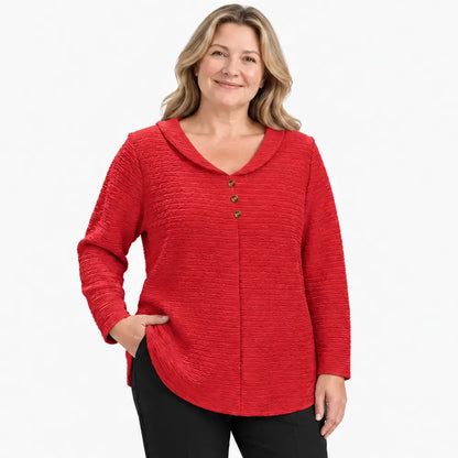🔥【XL-5XL】🎁💖 Nov ženski zgornji del v velikostih plus-size z zapenjanjem na gumbe in v enobarvni izvedbi; odlikujejo ga teksturirana, nagubana tkanina in okrogel ovratnik (tipa Peter Pan).