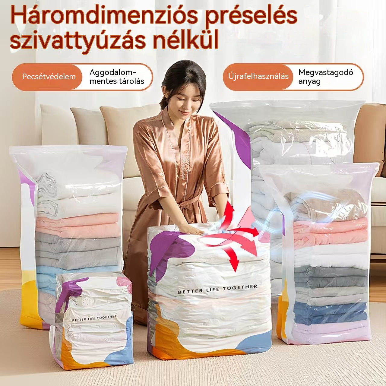 🧳【5 darabos készlet 9600 Ft】💨 Nagy, összenyomható vákuumos tárolózsák: nincs szükség pumpára, szivárgásmentes, és ideális helytakarékosságra bőröndökben és otthon ✈️
