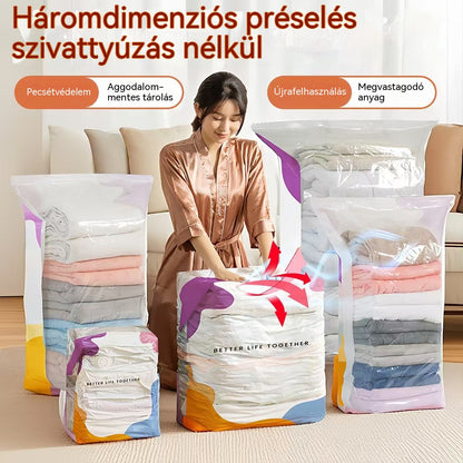 🧳【5 darabos készlet 9600 Ft】💨 Nagy, összenyomható vákuumos tárolózsák: nincs szükség pumpára, szivárgásmentes, és ideális helytakarékosságra bőröndökben és otthon ✈️